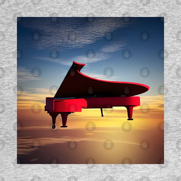 A Red Piano Floating In The Sky At Sunset by Musical Art By Andrew